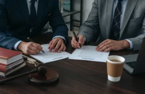 Dos empresarios firmando un acuerdo de consorcio con documentos de pólizas de seguros sobre la mesa.